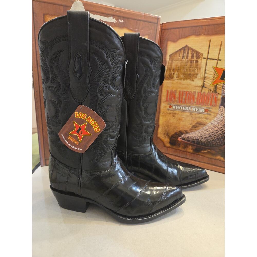 LOS ALTOS MEN BLACK GENUINE EEL WESTERN COWBOY BOOT J-TOE 1990805 EE+